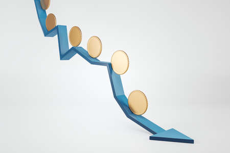 Abstract falling blue arrow with empty golden coins on white background with mock up place. Crisis,...
