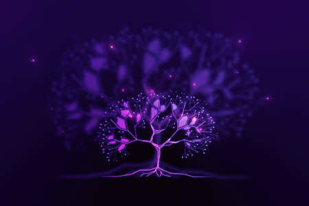Abstract digital tree on blurry purple background. Big data and network connection concept. 3D...