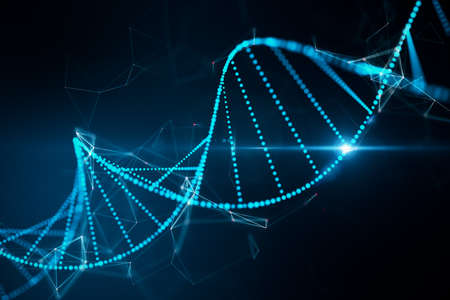 Abstract glowing DNA hologram on dark blue background. Science, medicine and biotechnology concept. 3D Renderingの写真素材