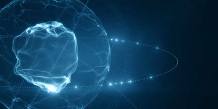 Abstract 3d rendering sphere made of neon dots. global network connection. digital atom planet. Globe Grid. worldwide communication. Futuristic earth globe. Science, technology and illustration on dark backgroundの写真素材