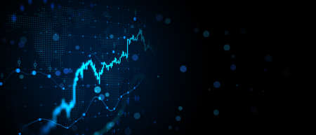 Growing forex chart and dot map on wide dark blue background with mock up place. Investment, stock market and financial success. 3D Renderingの写真素材