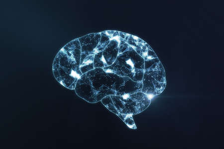 Low polygon brain wireframe mesh on blue backdrop. AI and computing concept. 3D Renderingの写真素材