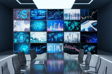 Contemporary meeting room office interior with abstract projector, city and forex chart screen....