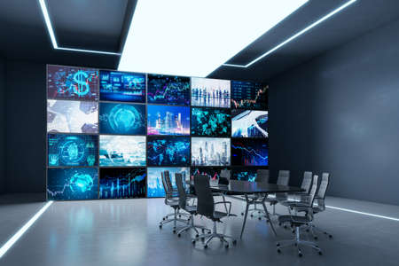 Modern meeting room office interior with abstract projector, city and forex chart screen. Workplace,...