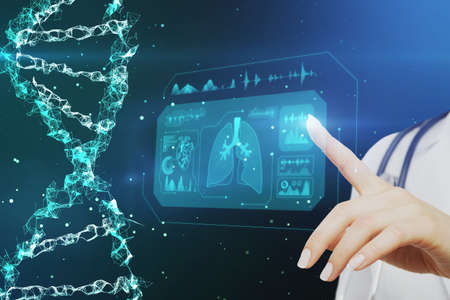 Close up of female doctor hands pointing at glowing helix dna hologram and futuristic hud on blurry...