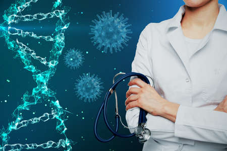 Close up of female doctor hands with glowing helix dna hologram and futuristic hud on blurry...