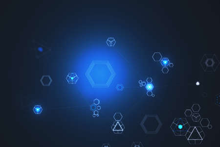 Abstract dark digital background with icons. Landing page concept. 3D Rendering