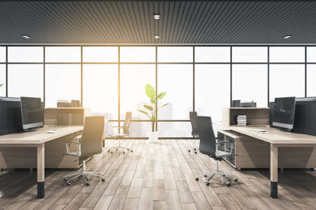 Contemporary filtered coworking office interior with wooden flooring, furniture, equipment, window and city view. 3D Renderingの写真素材