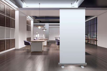 Modern wooden and concrete coworking office interior with blank white mock up banner, furniture and...