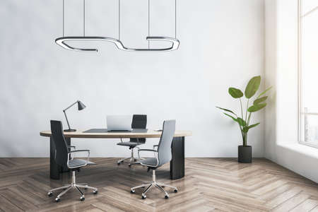 Contemporary white concrete office interior with wooden flooring, furniture, window with city view, equipment and decorative plant. 3D Renderingの写真素材