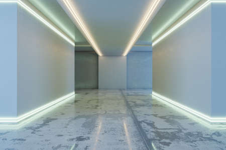 Modern space corridor interior with white lights and mock up place on wall. Technology and architecture concept. 3D Renderingの写真素材