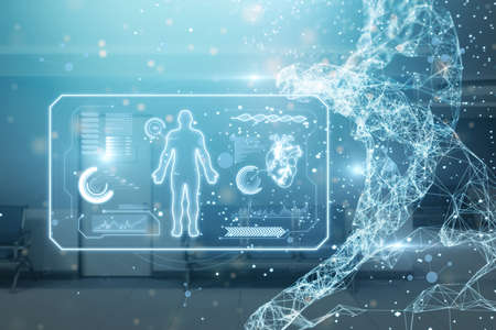 Abstract glowing medical cardiology interface on blurry hospital background with dna helix. Hi-tech...