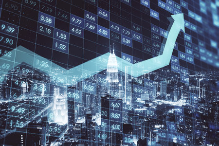 Creative digital financial numbers or index data on blurry city wallpaper with growing arrow. Stock market and growth concept. double exposureの写真素材