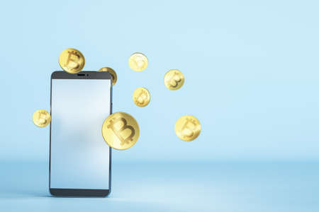 Close up of smartphone with creative bitcoins on blue background with mock up place. Crypto on mobile and exchange concept. 3D Renderingの写真素材