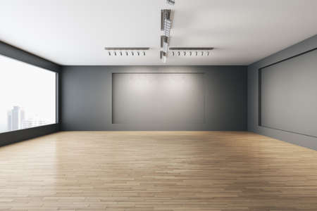 Contemporary empty concrete gallery interior with window and city view, wooden flooring, mock up...