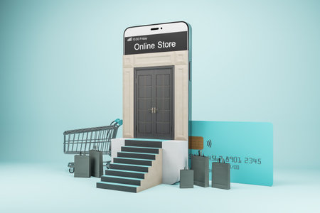 Creative smartphone store on blue background. Online shopping and purchase concept. 3D Renderingの写真素材