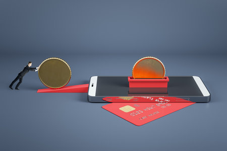 Abstract image of businessman pushing golden coins into smartphone on white backdrop with bank card. Smart payment transfer, mobile payment and digital banking conceptの写真素材