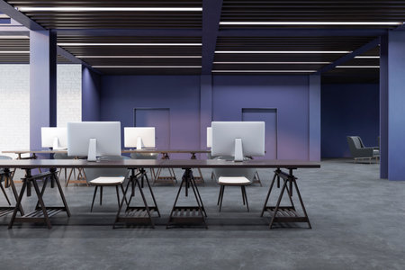 Simple dark concrete coworking office interior with furniture, decorative pot plants and computer monitors. Workplace concept. 3D Renderingの写真素材