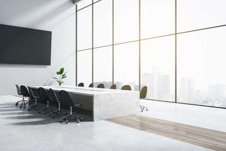 Modern wooden and concrete meeting room interior with panoramic window and city view, furniture and empty black mock up banner on wall. 3D Renderingの写真素材