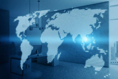 Glowing digital map hologram on blurry office interior wallpaper. Worldwide technology and network...