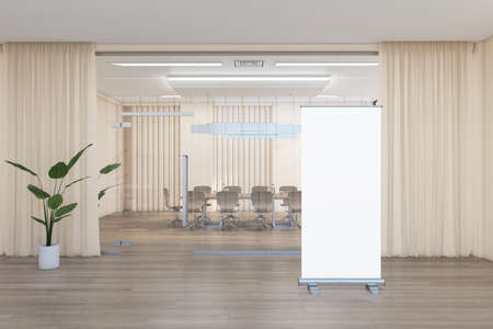 Modern glass meeting room in interior with empty white roll up poster, wooden flooring, curtains and...