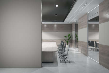 Modern wooden and concrete meeting room interior with furniture, equipment and mock up place on...