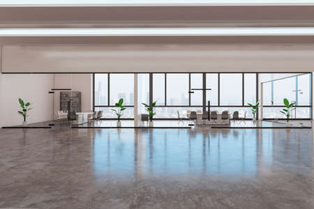Bright concrete glass meeting room and corridor interior with furniture, window with city view and...
