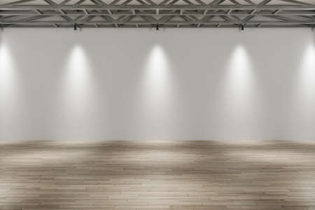 Modern concrete gallery interior with wooden parquet flooring, lights and mock up place on wall. exhibition concept. 3D Renderingの写真素材