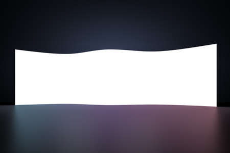 Abstract empty glowing white screen in dark interior. Gallery, exhibition and art concept. Mockup, 3D Renderingの写真素材