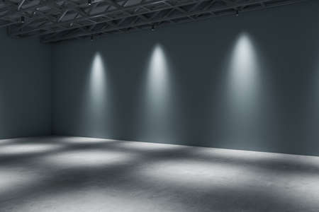 Contemporary concrete gallery interior with lights and mock up place on wall. exhibition concept. 3D Renderingの写真素材