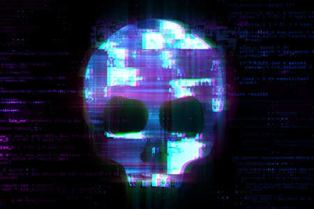Human skull on glitched screen background. Computer virus, hacker or malware software, phishing...