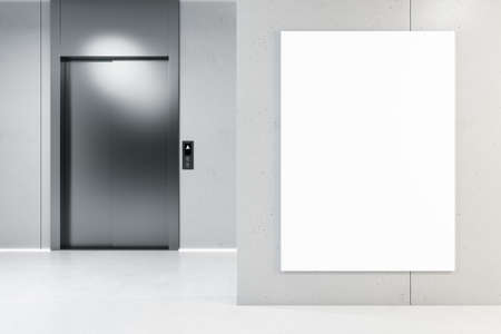 Front view on blank white poster on concrete wall in empty business center hall with modern...