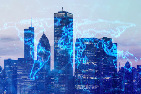 Glowing blue map and digital data concept on bright city background. Info, news and planet concept....