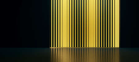 Dark panoramic interior with golden light blinds wall and mock up place on black space. presentation...