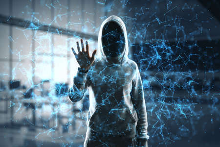 Hacker standing in abstract blurry office interior with blue polygonal mesh. Technology, security...