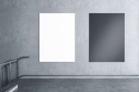 Two empty posters hanging on concrete wall in school interior with stairs and mock up place. 3D...