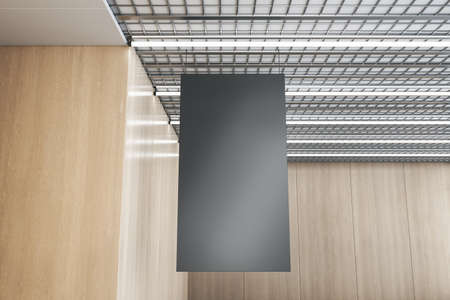 Close up of empty black stopper hanging in wooden interior with industrial ceiling. Mockup, 3D...
