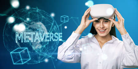 Virtual reality and global technology concept with digital metaverse sign on world map background...