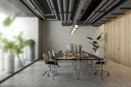 Side view on stylish and minimalistic design workspaces with modern computers on black tables and...