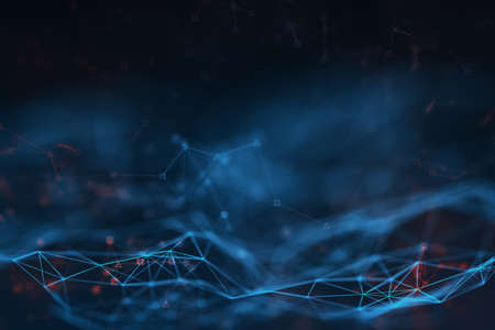 Dark abstract digital wallpaper with bright digital wireframe at blue smoky background, greed for landing page. 3D renderingの写真素材