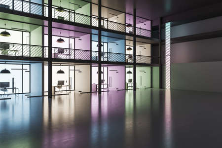 Perspective on multi-storey offices with comfortable work places based on three floors with...
