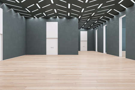 Modern empty concrete exhibition hall interior with wooden flooring, with many doors and mock up...