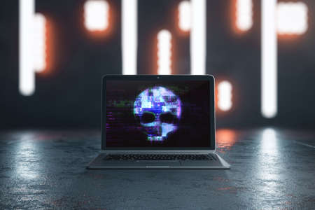Close up of laptop screen with abstract digital skull on grunge background with blurry lights. Hacking, malware, and phishing concept. 3D Renderingの写真素材