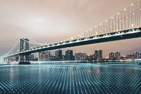 Creative city background with mock up place in sky and wireframe waterfront. Technology, smart city and logistics concept. double exposureの写真素材