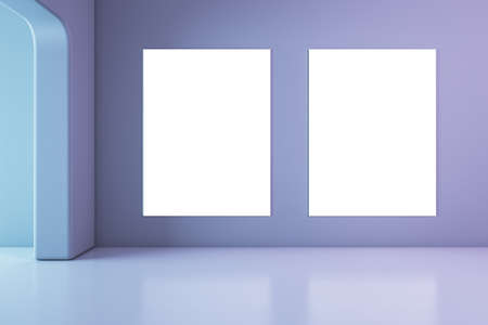 Modern bright gallery interior with white mock up banners on wall. Museum and art concept. 3D...