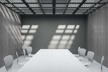 Modern minimalistic concrete meeting room interior with mock up place on wall, window shadows and...