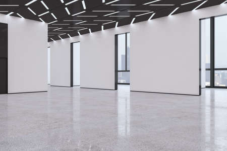 Modern empty concrete exhibition hall interior with windows and city view, many doors and mock up...
