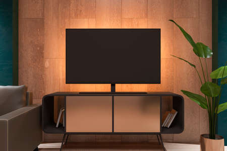 Contemporary wooden yellow light living room interior with furniture and empty black TV screen. Life style advertisement concept. Mockup, 3D Renderingの写真素材