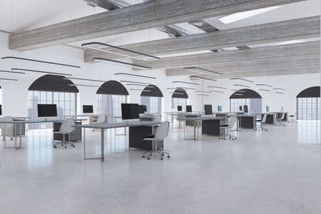 Modern coworking office interior with empty computer screens on desks, concrete flooring and window with city view. Workplace concept. 3D Renderingの写真素材