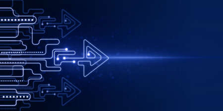 Abstract glowing digital startup arrow on blue backdrop with light and mock up place. Start up, business, innovation and direction concept. 3D Renderingの写真素材